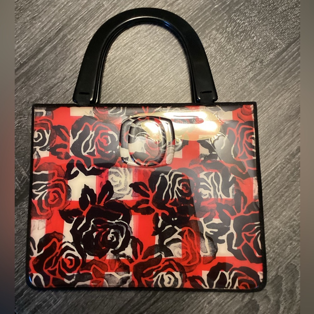 Angela Frascone Vintage Resin Purse in Red, Black & White Rose Design.